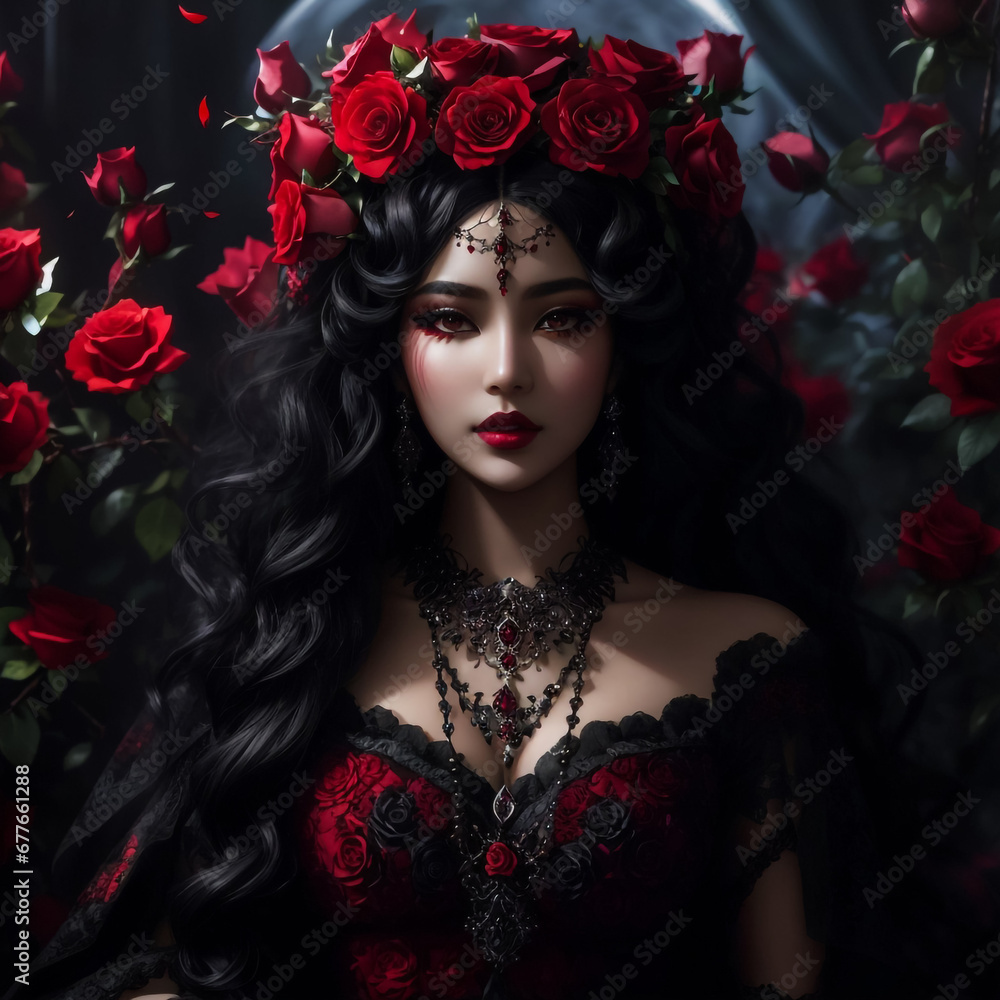 portrait of a woman with red roses portrait of a woman with red roses