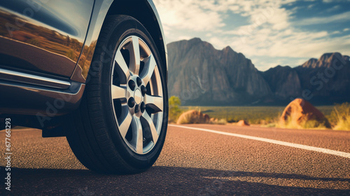 Tires on the asphalt road, Low angle side view of car. - safety road trip concept.