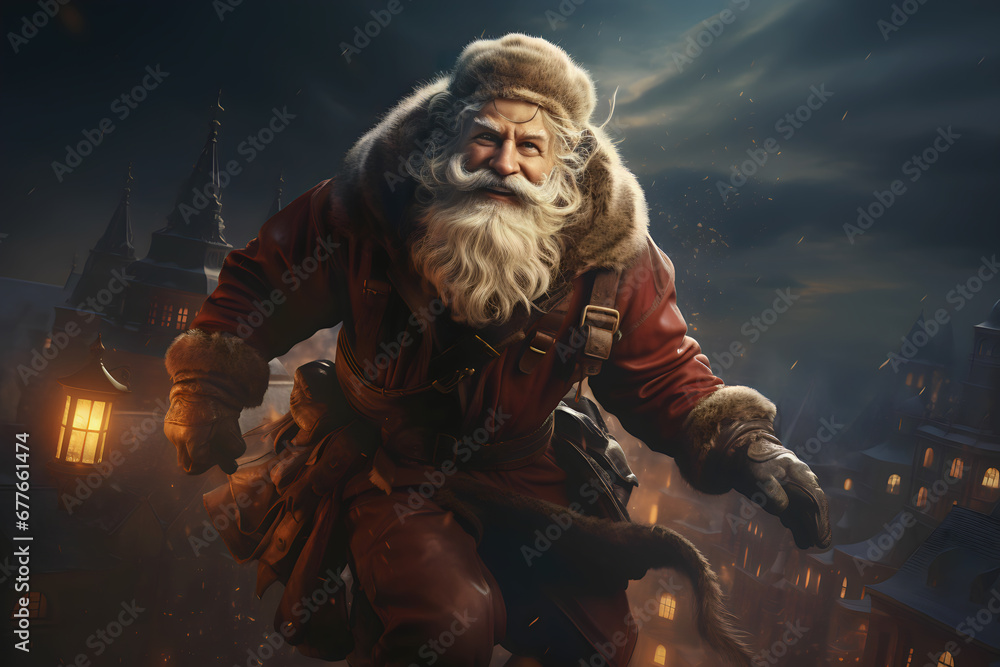 Santa Claus at night on the roofs Santa Claus at night on the roofs