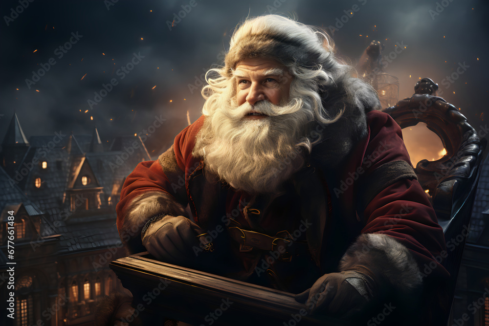 Santa Claus at night on the roofs