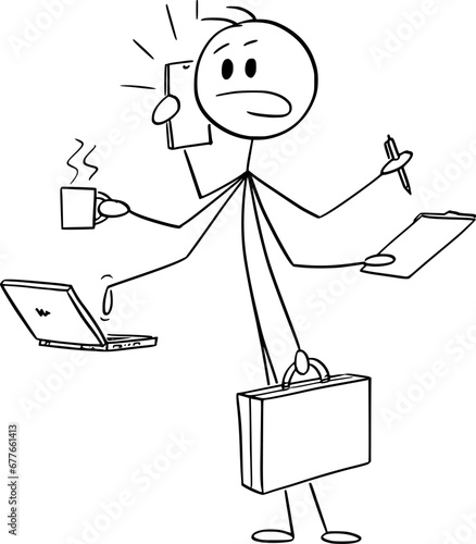 Businessman Multitasking With Many Hand, Vector Cartoon Stick Figure Illustration