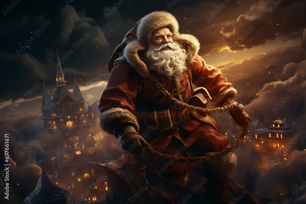 Santa Claus at night on the roofs
