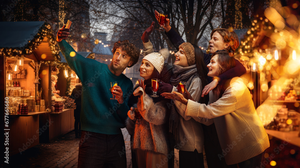 Cozy winter fair. Young happy people, friends taking selfie together, drinking mulled wine, celebrating holidays outdoors. Concept of winter holidays, Christmas, traditions, outdoor fair, happiness
