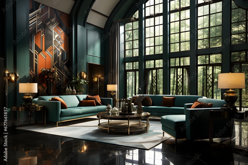 Stylish living-room in Art Deco style, with big window and glamorous decoration