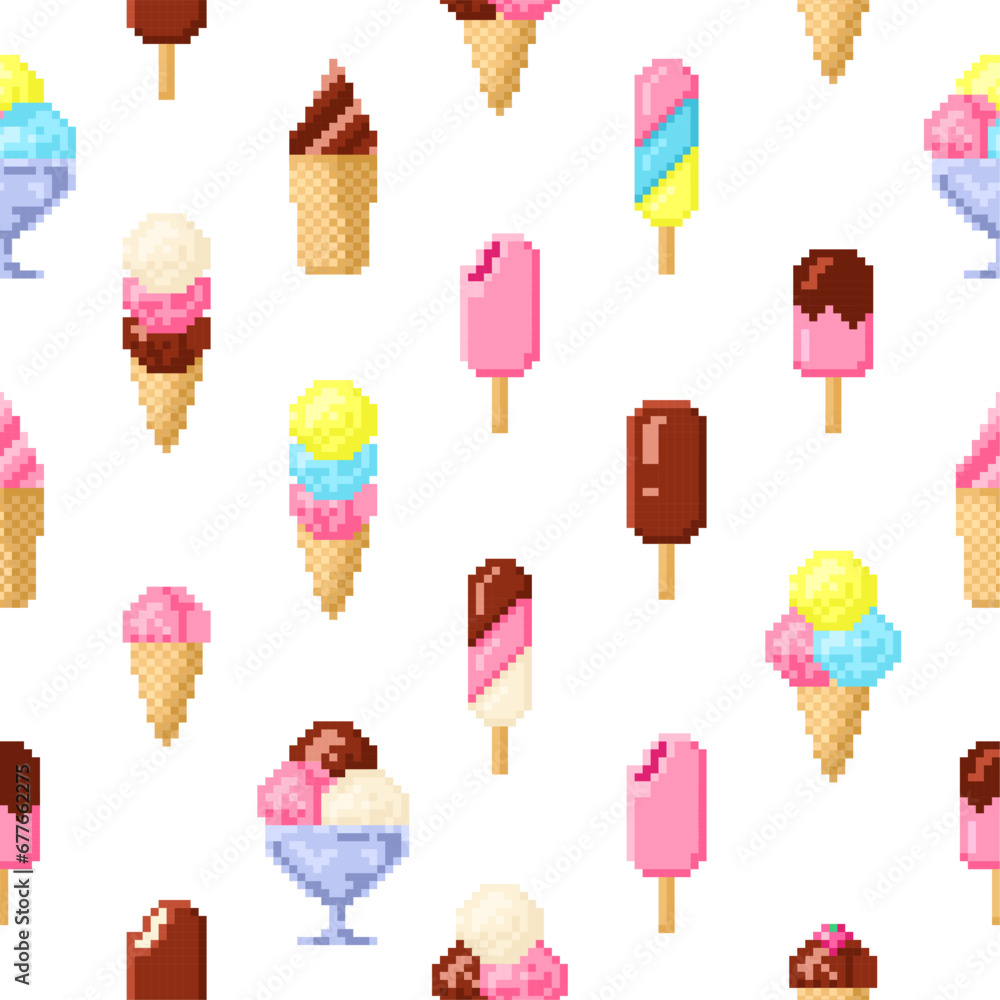 Pixel art seamless pattern of sweet food. Ice cream in style of eight-bit game. Seamless pattern.Texture for fabric, wrapping, wallpaper