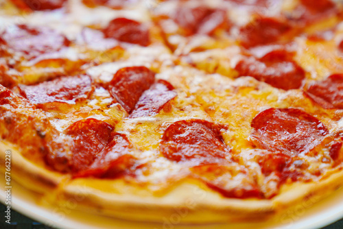 Close-up of pepperoni pizza. 