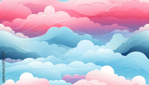 Cute colorful pastel clouds seamless pattern background. Rainbow unicorn background with clouds and stars. Pastel color sky. Magical landscape, abstract fabulous pattern. Cute candy wallpaper.