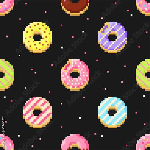Pixel art seamless pattern of sweet food. Donuts in style of eight-bit game. Seamless pattern.Texture for fabric, wrapping, wallpaper