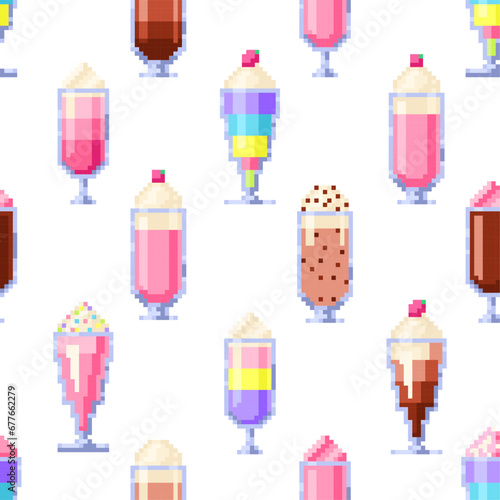 Pixel art seamless pattern of sweet food. Smoothies and milkshakes in style of eight-bit game. Seamless pattern.Texture for fabric, wrapping, wallpaper