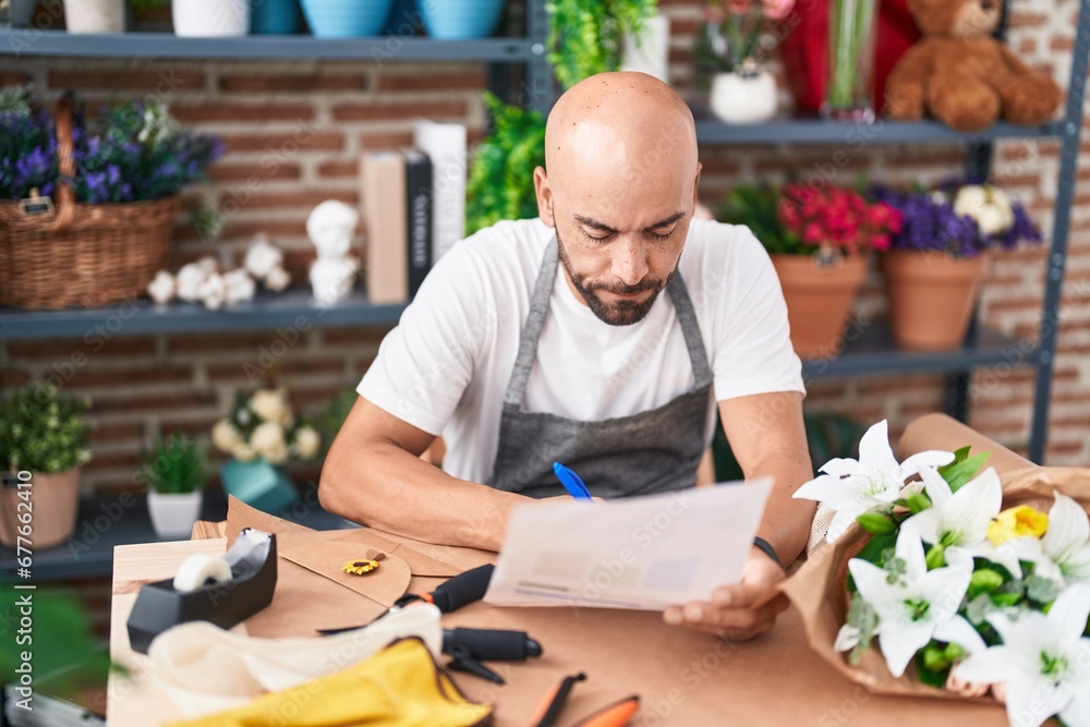 Young bald man florist writing on document at florist Young bald man florist writing on document at florist