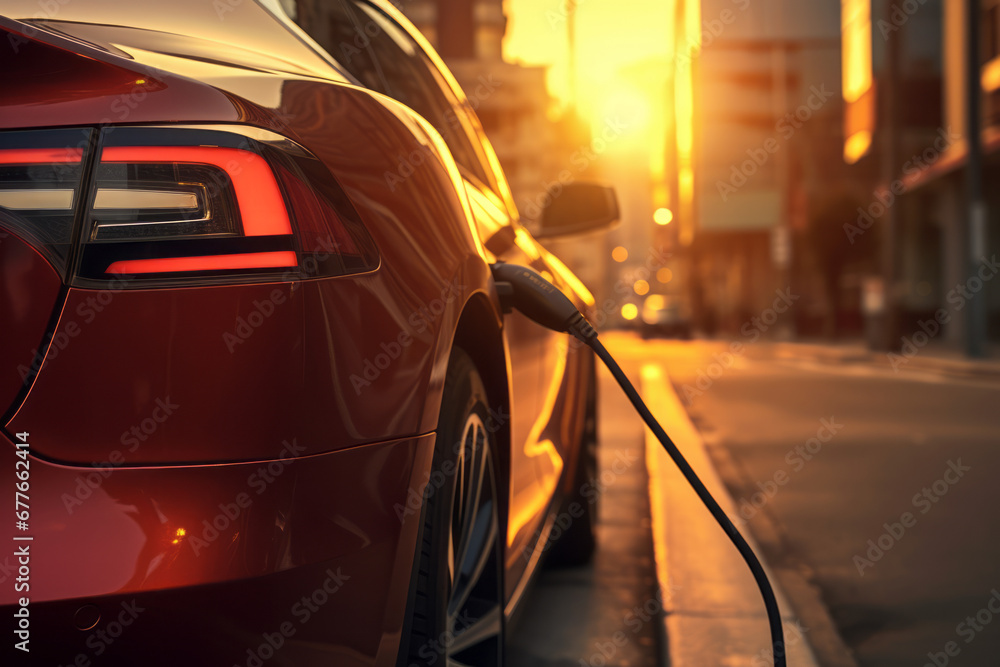 A car being fueled during sunset, exhibiting texture-rich surfaces with dark yellow and light red hues, characterized by smooth lines.