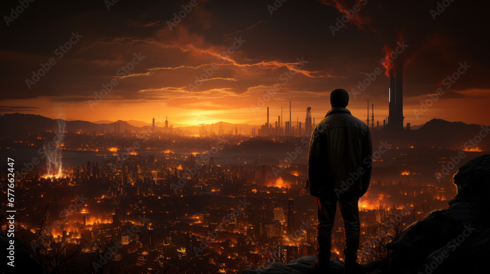 Fototapeta premium A man observing the sunset with an oil industry pipe in the background, characterized by industrial brutalism, hazy ambiance, composed structure, and spatial context.