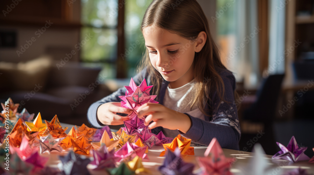 A little girl making colorful origami figures out of paper - obrazy, fototapety, plakaty 