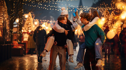 Happy couples, friends having fun on outdoor Christmas fair, walking, enjoying cozy evening, drinking, talking. Concept of winter holidays, Christmas, traditions, outdoor fair, happiness