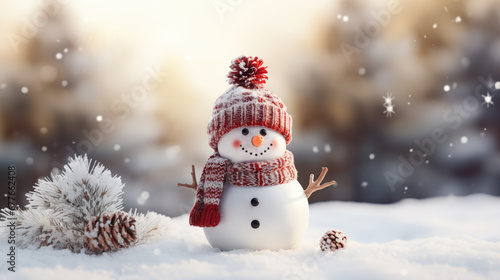 Cute snowman in a red knitted bobble hat and scarf in a winter forest with copy space.