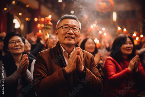 People engaging in prayer and rituals at Chinese temples during the New Year, capturing the spiritual and cultural aspects of the celebration.