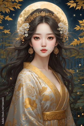 Korean Beauty Amidst Twilight: Adorned in Golden Robes