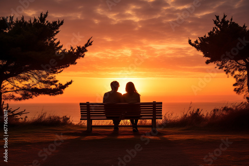 Loving couple enjoying the sunset. romantic couple love sitting together on bench at sunset beach, silhouettes of young man and woman on holidays. Generative AI