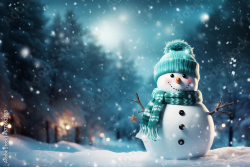 Happy snowman standing in winter christmas landscape.Snow background. Merry christmas and happy new year greeting card with copy-space. Generative AI