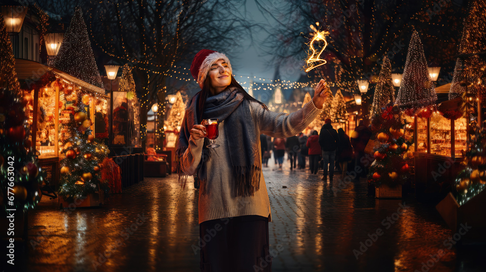 Obraz premium Happy young girl standing on cozy evening street in winter fair, celebrating holidays with light and glass with mulled wine. Concept of winter holidays, Christmas, traditions, outdoor fair, happiness