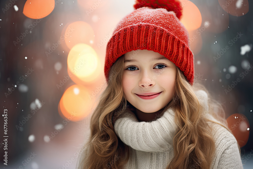portrait of a girl wearing knitted hat, Christmas theme portrait of a girl wearing knitted hat, Christmas theme