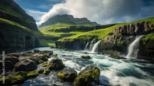 epic landscape with a river and green hills