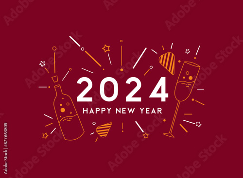 Happy new year 2024 celebration banner design with serpentine, stars, lines and celebration elements on background. 2024 happy new year design for new year day, new year party, merry christmas concept photo