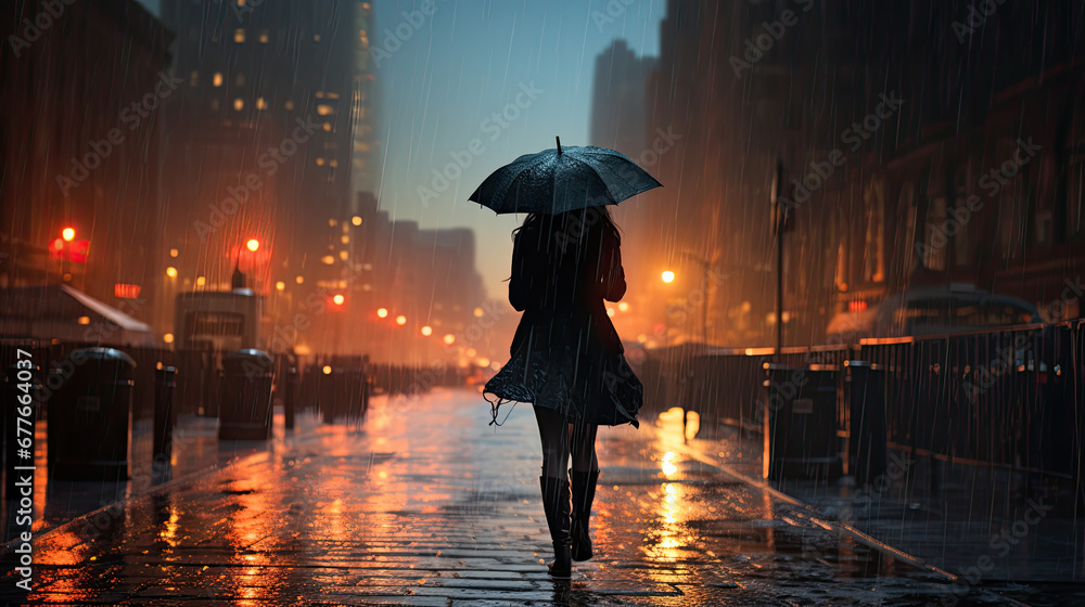Bach view of a woman with an umbrella walking on a wet street of a big city in the evening - obrazy, fototapety, plakaty 