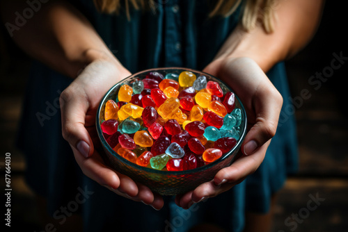 Colorful candies in glass jars in the hands of a woman