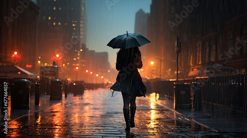 Bach view of a woman with an umbrella walking on a wet street of a big city in the evening photo