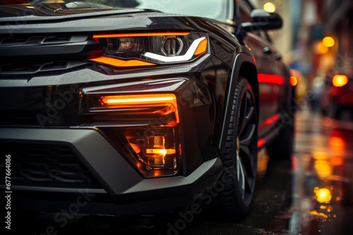 Close-up of the headlights of a modern car in the city