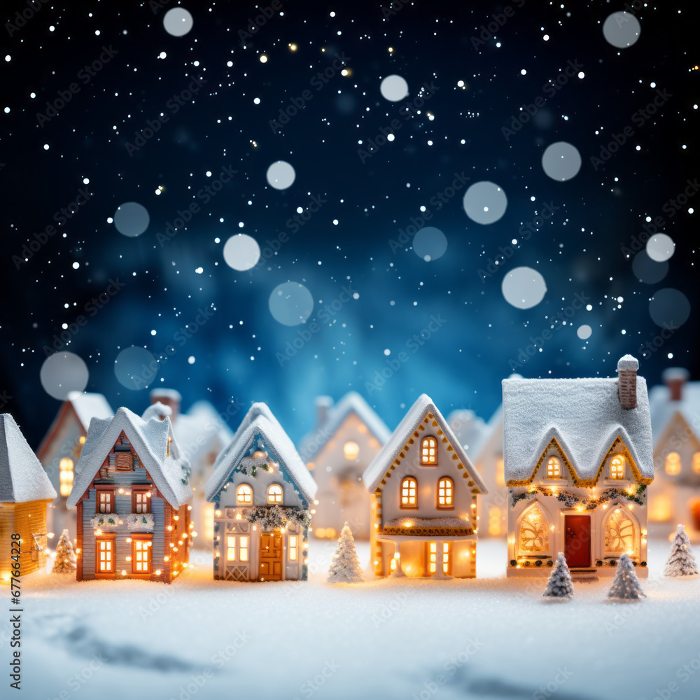 Miniature houses adorned with Christmas lights in a snowy scene, orange and azure hues.