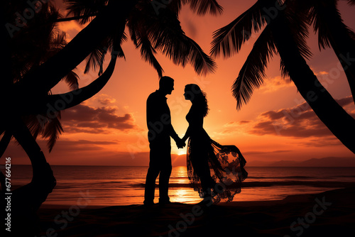 Couple silhouettes on the beach at sunset and looking at each other.