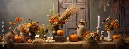 Autumn background decorations, table in rustic style.