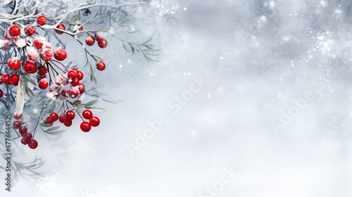 Abstract Christmas snowy background with frosty bright red holly berries, light blue winter background with copy space. photo