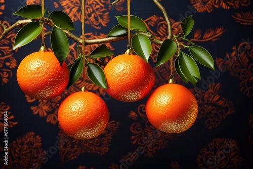 Tangerines like a Christmas ball hanging on festive background. decoration design on holiday. photo