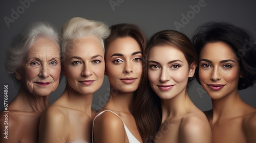 Close-up of a group of women's faces of different nationalities, beauty image of a group of women with different age, photo