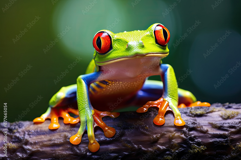 Fototapeta premium Colorful of red eye tree frog on the branches leaves of tree, close up scene, animal wildlife concept, habitat of frog background.