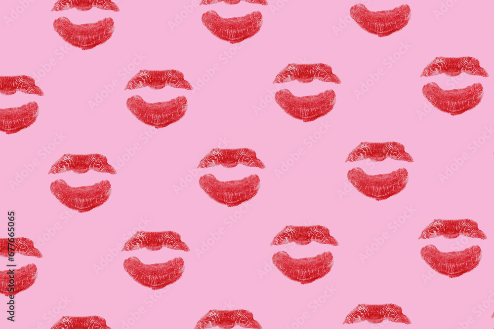 Red lipstick marks, creative love pattern, pink background. Red lipstick marks, creative love pattern, pink background.