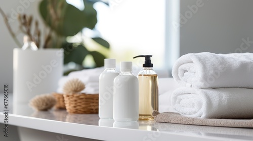 Ceramic soap, shampoo bottles and white cotton towels on white counter table