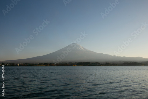 Views  of Mount Fuji covered in snow from Kawaguchi lake in Japan. © Leckerstudio
