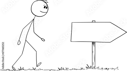 Person or Businessman Following Arrow, Vector Cartoon Stick Figure Illustration