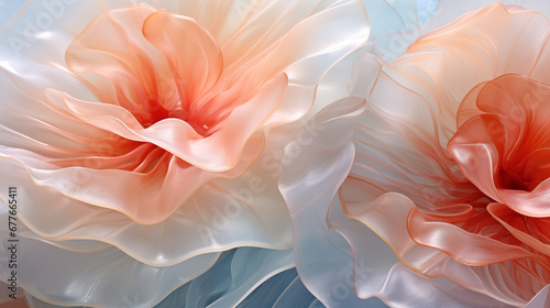 Background with Abstract Oversized Flowers in a Gentle Salmon Shade Transitioning to a Subtle Blue Hue, Creating a Serene and Artistic Composition with a Tranquil Palette of Delicate Blooms © NadinMich