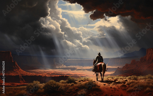 cowboy in a horse tracking a lost horse. AI generative © SANGHYUN