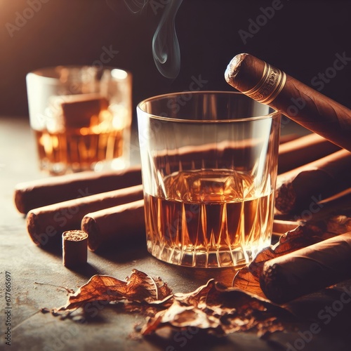 whiskey and cigar on a wooden table on simple background © Deanmon
