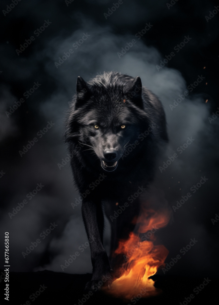 Fantasy wolf - fire, flames, ashes, smoke, embers, mist, fog - black mysterious wolf werewolf Fantasy wolf - fire, flames, ashes, smoke, embers, mist, fog - black mysterious wolf werewolf