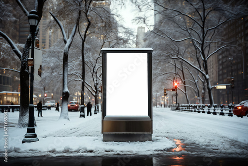 Blank street billboard in snowy city at night.  Mockup