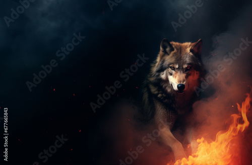 Fantasy wolf - fire, flames, ashes, smoke, embers, mist, fog - horizontal banner copy text space - brown fur