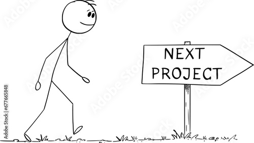 Businessman and His Next Project, Vector Cartoon Stick Figure Illustration
