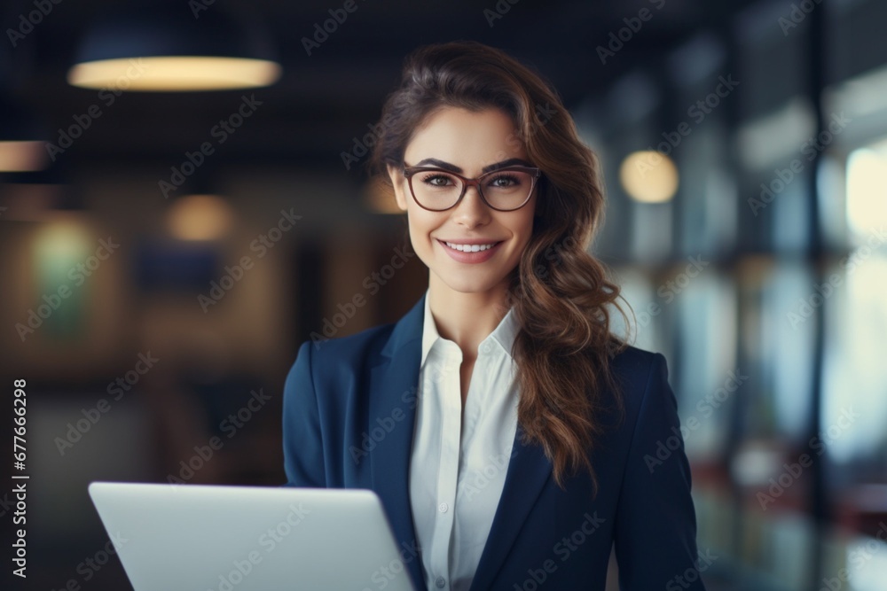 Woman in the office portrait, wearing a costume and glasses, with a laptop Woman in the office portrait, wearing a costume and glasses, with a laptop